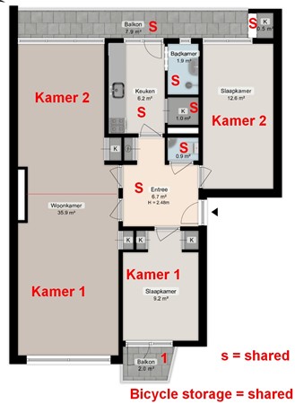 Floorplan - Rivierenhof 54k2, 9725 HB Groningen